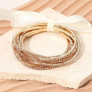 12PCS - Ribbon Slim Rhinestone Stretch Multi Layered Bracelet in Gold Topaz